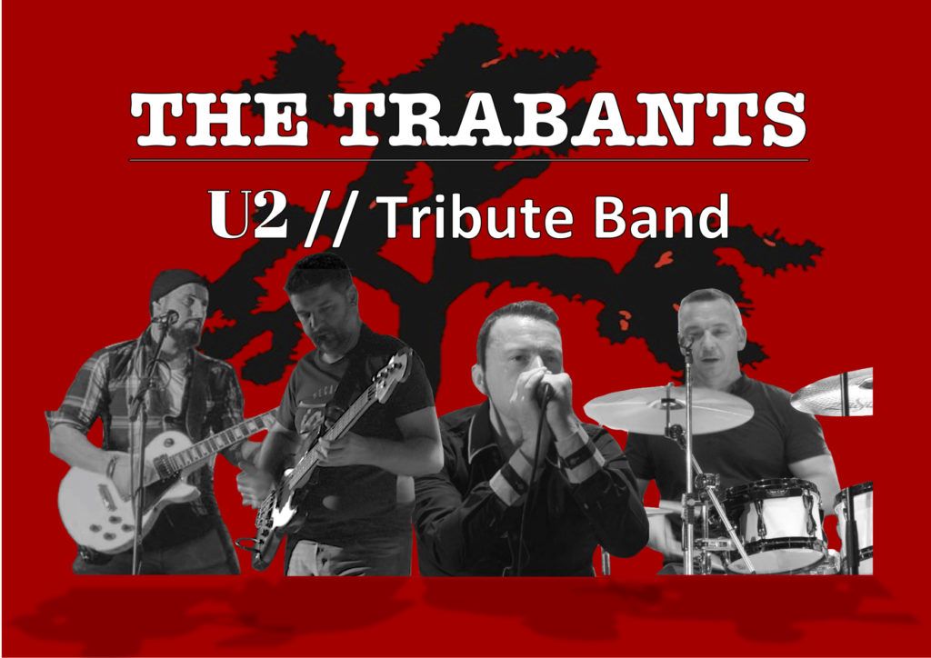 photo montage du groupe The Trabants avec musiciens en noir et blanc sur fond rouge