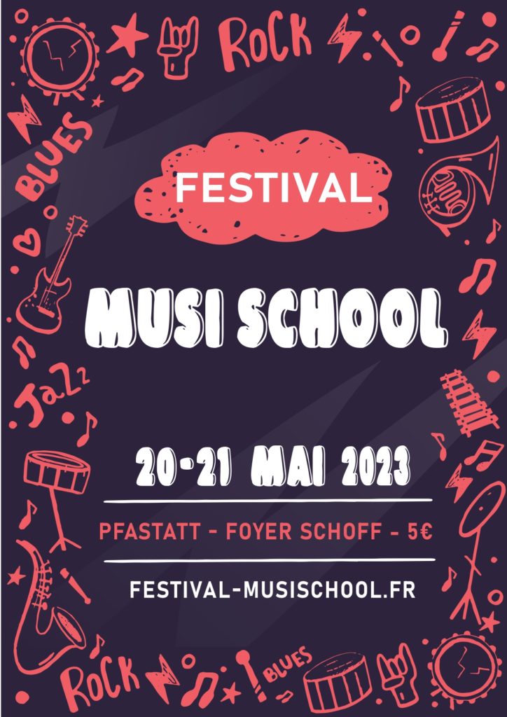 affiche du festival musischool avec instruments colorées rose