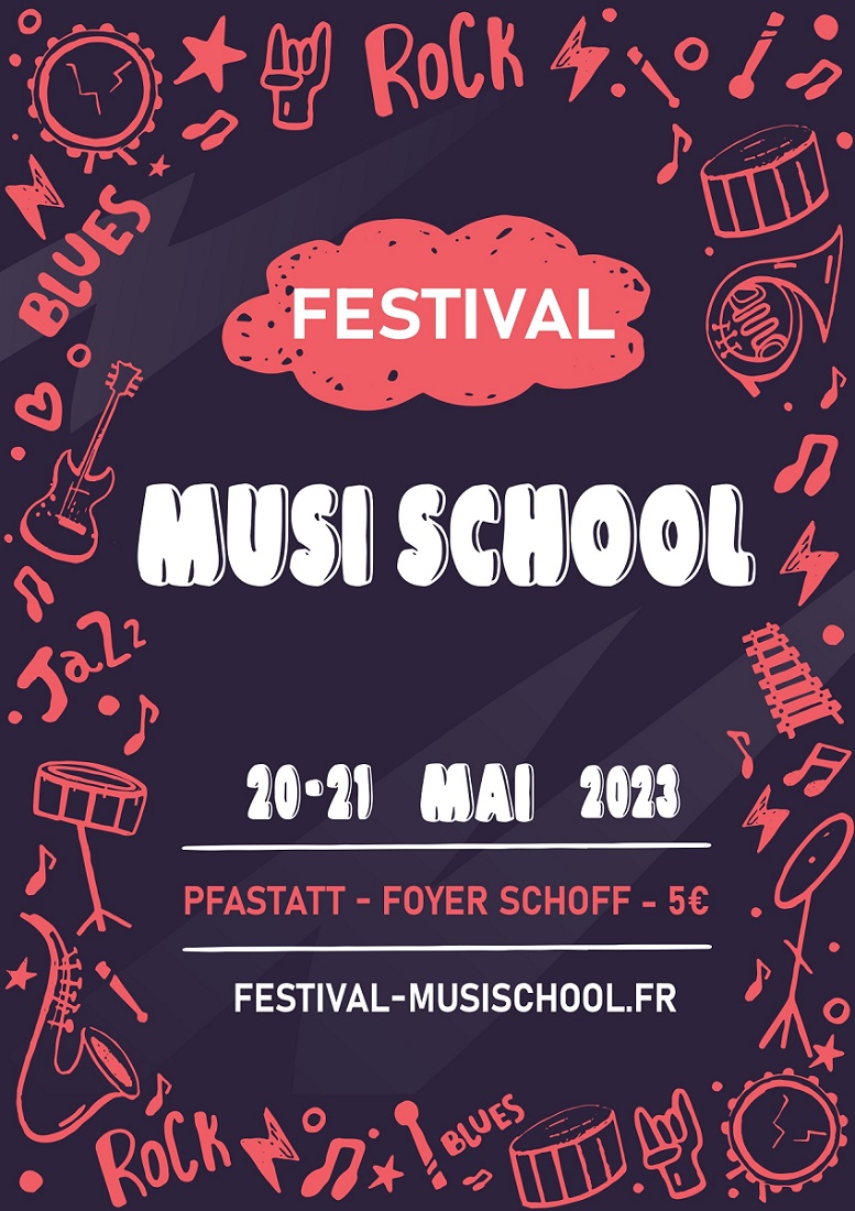 Affiche du festival 2023 avec des instrument colorés en rose, fond sombre