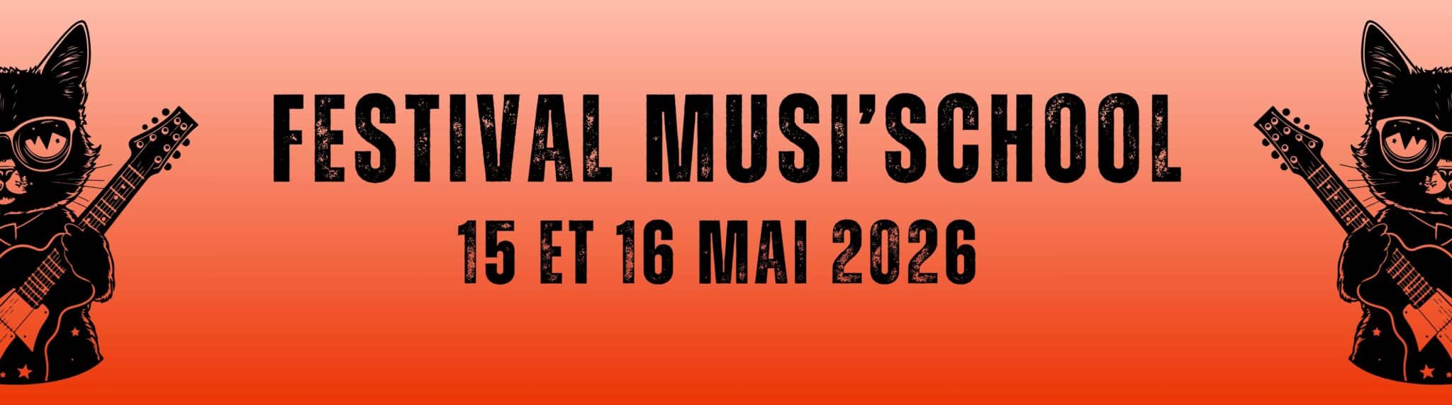 bannière du festival musischool avec les dates et un chat qui fait de la guitare